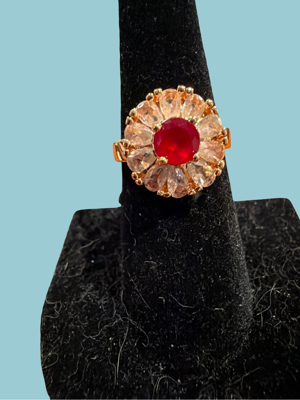 Gold-Tone Floral Ring with Red Center Stone